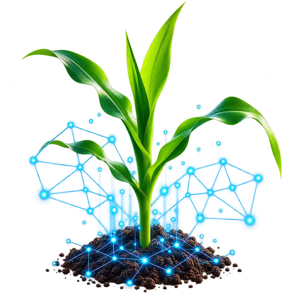 Young crop connected to a network of agricultural technology solutions